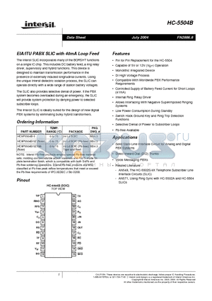 HC-5504B datasheet - EIA/ITU PABX SLIC with 40mA Loop Feed