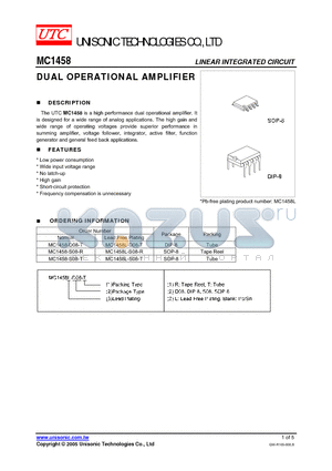 MC1458 datasheet - DUAL OPERATIONAL AMPLIFIER