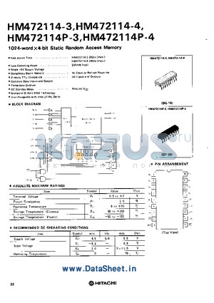 HM472114P-4 datasheet - 1024-wordX4-bit Static Random Access Memory