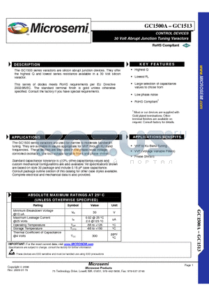 GC1500B datasheet - CONTROL DEVICES 30 Volt Abrupt Junction Tuning Varactors