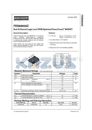 FDS6892 datasheet - Dual N-Channel Logic Level PWM Optimized PowerTrench MOSFET
