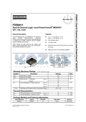 FDS6911_11 datasheet - Dual N-Channel Logic Level PowerTrench MOSFET 20V, 7.5A, 13mY
