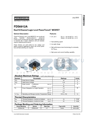 FDS6912A datasheet - Dual N-Channel Logic Level PowerTrench MOSFET