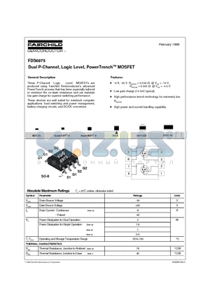 FDS6975 datasheet - Dual P-Channel, Logic Level, PowerTrenchTM MOSFET
