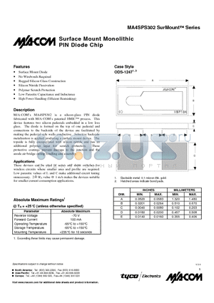 MA4SPS302 datasheet - Surface Mount Monolithic PIN Diode Chip