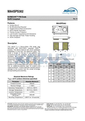 MA4SPS302 datasheet - SURMOUNTTM PIN Diode RoHS Compliant