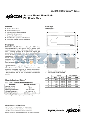 MA4SPS402 datasheet - Surface Mount Monolithic PIN Diode Chip