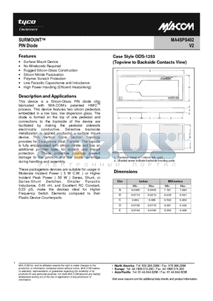 MA4SPS402 datasheet - SURMOUNT PIN Diode