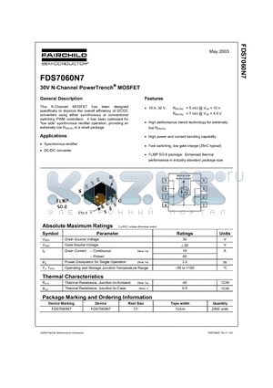 FDS7060N7 datasheet - 30V N-Channel PowerTrench MOSFET