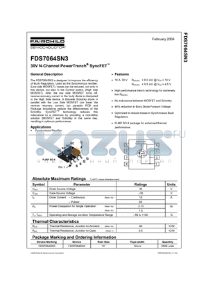 FDS7064SN3 datasheet - 30V N-Channel PowerTrench SyncFET