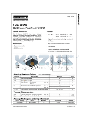 FDS7066N3 datasheet - 30V N-Channel PowerTrench MOSFET