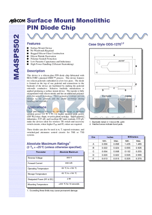 MA4SPS502 datasheet - Surface Mount Monolithic PIN Diode Chip