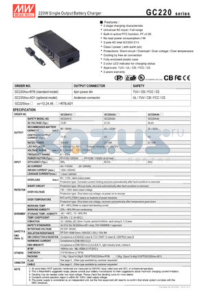 GC220 datasheet - 220W Single Output Battery Charger