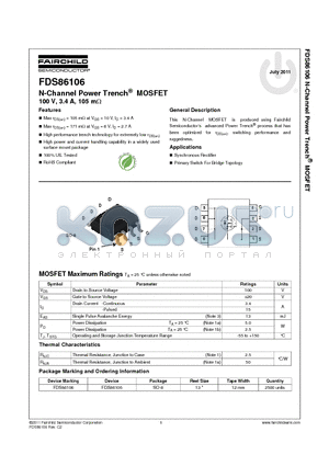 FDS86106 datasheet - N-Channel Power Trench^ MOSFET 100 V, 3.4 A, 105 mY