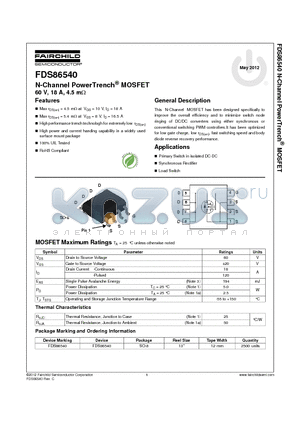 FDS86540 datasheet - N-Channel PowerTrench^ MOSFET 60 V, 18 A, 4.5 mY