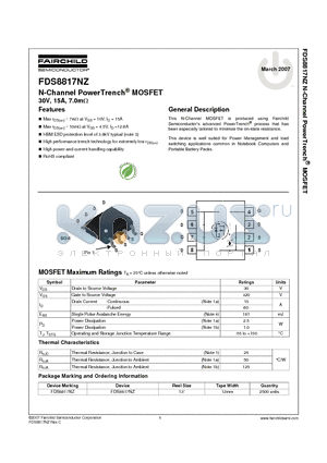 FDS8817NZ datasheet - N-Channel PowerTrench MOSFET 30V, 15A, 7.0mohm