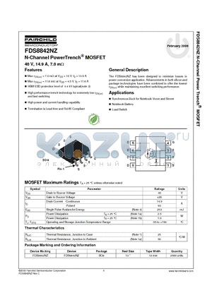 FDS8842NZ datasheet - N-Channel PowerTrench^ MOSFET 40 V, 14.9 A, 7.0 mY