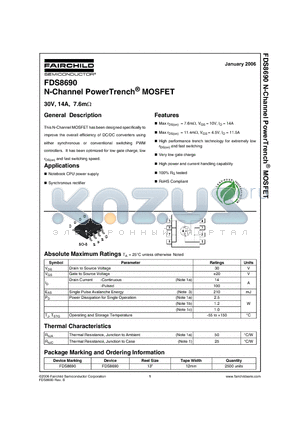 FDS8690 datasheet - N-Channel PowerTrench MOSFET 30V, 14A, 7.6mOhm