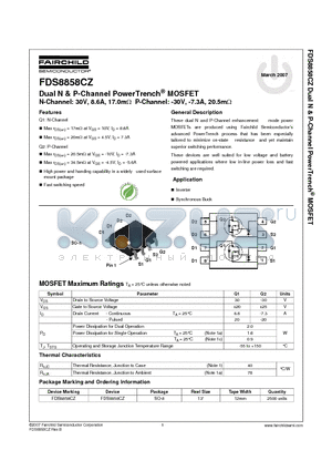 FDS8858CZ datasheet - Dual N & P-Channel PowerTrench^ MOSFET N-Channel: 30V, 8.6A, 17.0mY P-Channel: -30V, -7.3A, 20.5mY