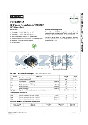 FDS8812NZ datasheet - N-Channel PowerTrench MOSFET 30V, 20A, 4.0mohm