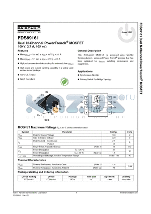FDS89161 datasheet - Dual N-Channel PowerTrench^ MOSFET 100 V, 2.7 A, 105 mY
