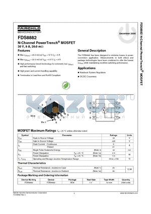 FDS8882 datasheet - N-Channel PowerTrench^ MOSFET 30 V, 9 A, 20.0 mY