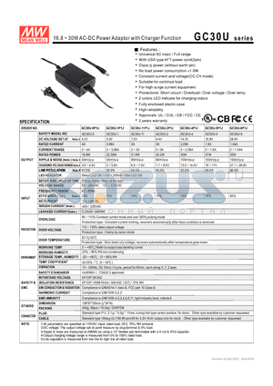 GC30U-11P1J datasheet - 16.8 ~ 30WAC-DC Power Adaptor with Charger Function