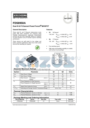 FDS8958A datasheet - Dual N & P-Channel PowerTrenchO MOSFET