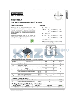 FDS8958A_07 datasheet - Dual N and P-Channel PowerTrench MOSFET