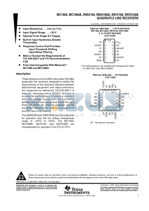 MC1489A datasheet - QUADRUPLE LINE RECEIVERS