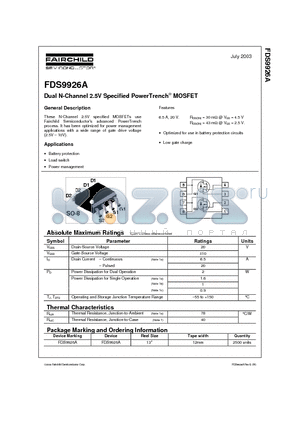 FDS9926A datasheet - Dual N-Channel 2.5V Specified PowerTrench MOSFET