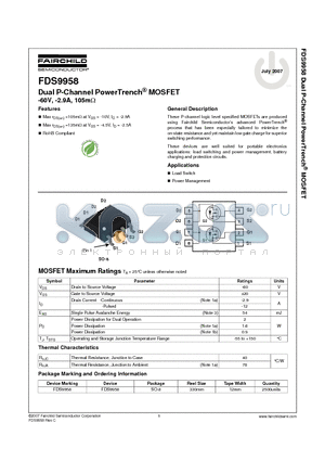FDS9958 datasheet - Dual P-Channel PowerTrench^ MOSFET