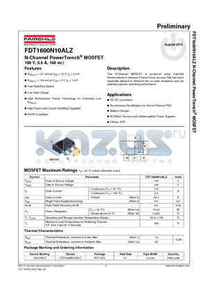 FDT1600N10ALZ datasheet - N-Channel PowerTrench^ MOSFET 100 V, 5.6 A, 160 mY