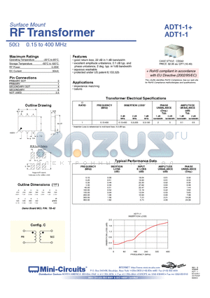 ADT1-1 datasheet - RF Transformer 50ihm 0.15 to 400 MHz