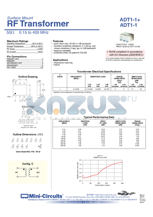 ADT1-1+ datasheet - RF Transformer 50ihm 0.15 to 400 MHz