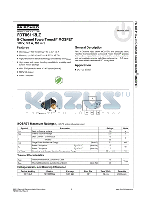 FDT86113LZ datasheet - N-Channel PowerTrench^ MOSFET 100 V, 3.3 A, 100 m