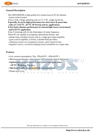 ADT2689FXX datasheet - High quality low current receiver IC infrared remote control system