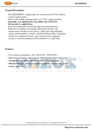 ADT2689SXX datasheet - High quality low current receiver IC for infrared remote control system