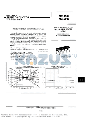 MC1494L datasheet - MONOLITHIC FOUR-QUADRANT MULTIPLIER