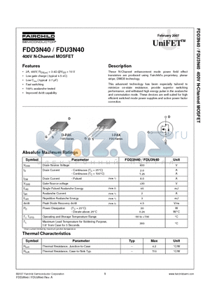 FDU3N40 datasheet - 400V N-Channel MOSFET