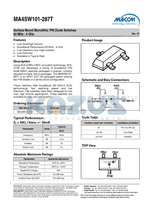 MA4SW101-287T datasheet - Surface Mount Monolithic PIN Diode Switches 50 MHz - 4 GHz