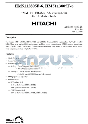 HM5112805FLTD-6 datasheet - 128M EDO DRAM (16-Mword x 8-bit) 8k refresh/4k refresh