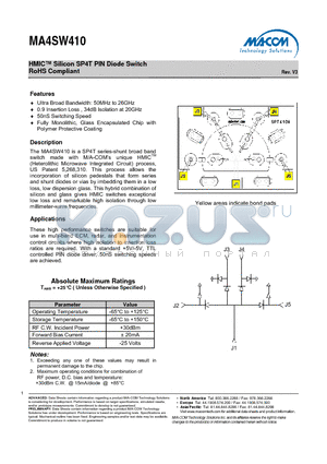 MA4SW410 datasheet - HMIC Silicon SP4T PIN Diode Switch RoHS Compliant