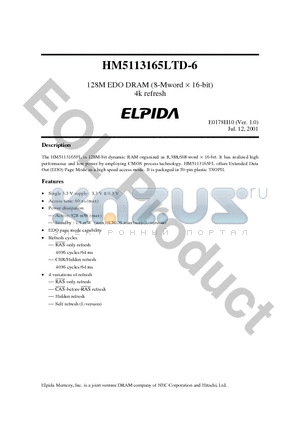 HM5113165LTD-6 datasheet - 128M EDO DRAM (8-Mword  16-bit) 4k refresh