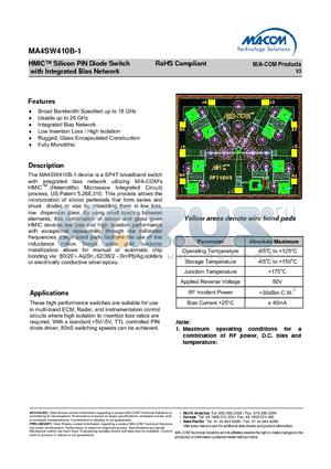 MA4SW410B-1 datasheet - HMIC Silicon PIN Diode Switch with Integrated Bias Network