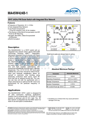 MA4SW424B-1 datasheet - SP4T 24GHz PIN Diode Switch with Integrated Bias Network