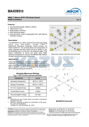 MA4SW510 datasheet - HMIC Silicon SP5T PIN Diode Switch RoHS Compliant