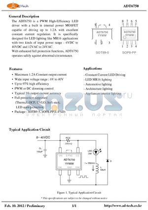 ADT6750 datasheet - PWM High-Efficiency LED driver with a built in internal power MOSFET capable