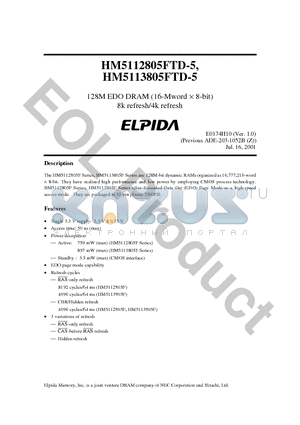 HM5113805FTD-5 datasheet - 128M EDO DRAM (16-Mword  8-bit) 8k refresh/4k refresh