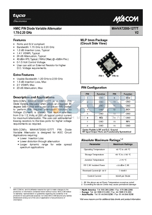 MA4VAT2000-1277T datasheet - HMIC PIN Diode Variable Attenuator 1.70-2.20 GHz